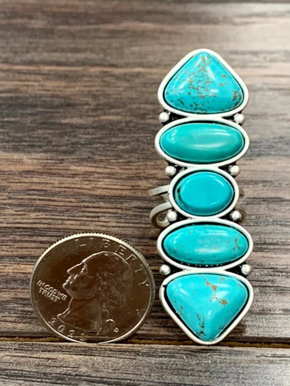 Western Turquoise Five Stone Statement Ring Adjustable Boho Rodeo Cowgirl Ring - Picture 3 of 3